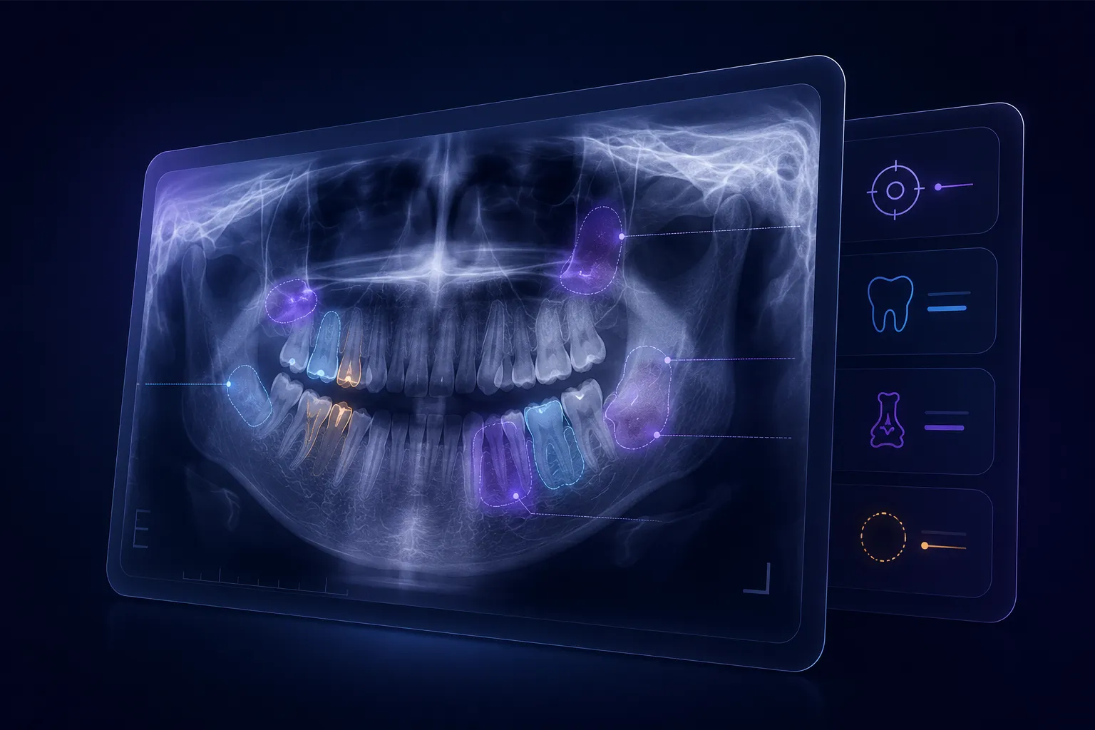 Radiografia panoramica con le condizioni rilevate dall'IA sovrapposte all'odontogramma