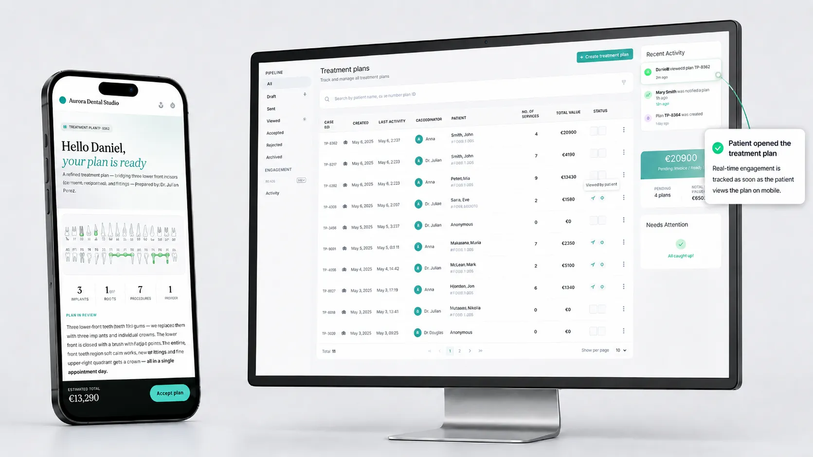 Patientenportal auf einem Smartphone neben dem Plandentic Klinik-Dashboard, das eine Echtzeit-Benachrichtigung über die Patienteninteraktion mit einem Behandlungsplan zeigt