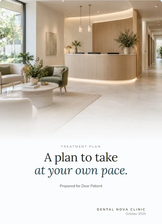 Portada del plan de Dental Nova Clinic con tipografía con serifa: la foto de la recepción fundiéndose en blanco sobre el título 'A plan to take at your own pace'.