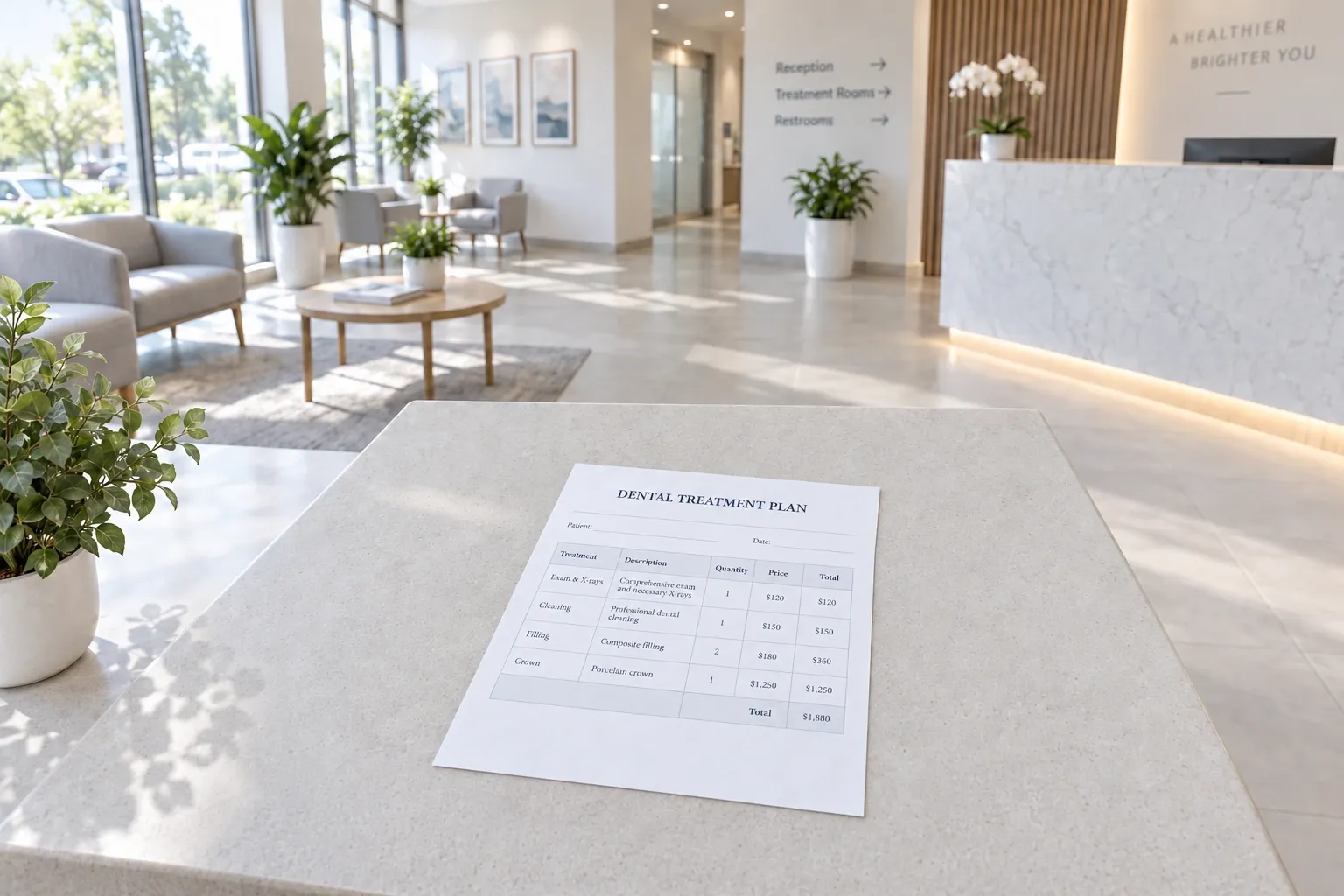 Un plan de tratamiento impreso sobre el mostrador de una recepción luminosa y vacía, el formato en papel que la mayoría de los pacientes mira una vez y no vuelve a abrir, frente a un plan de tratamiento digital que sí pueden reabrir en el móvil