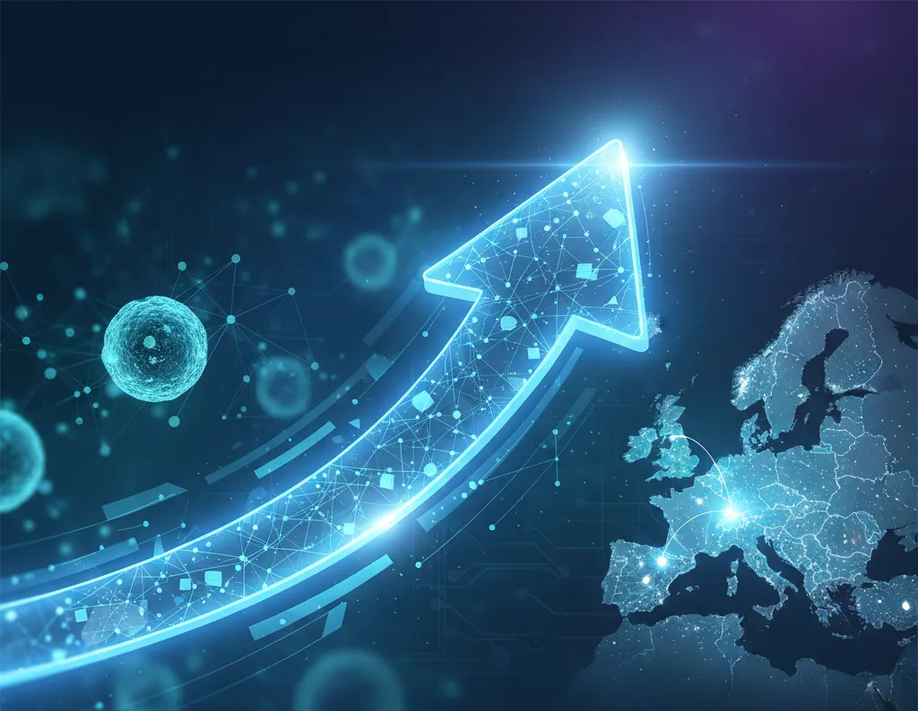 A star rising across digital map of europe showing investment and innovation
