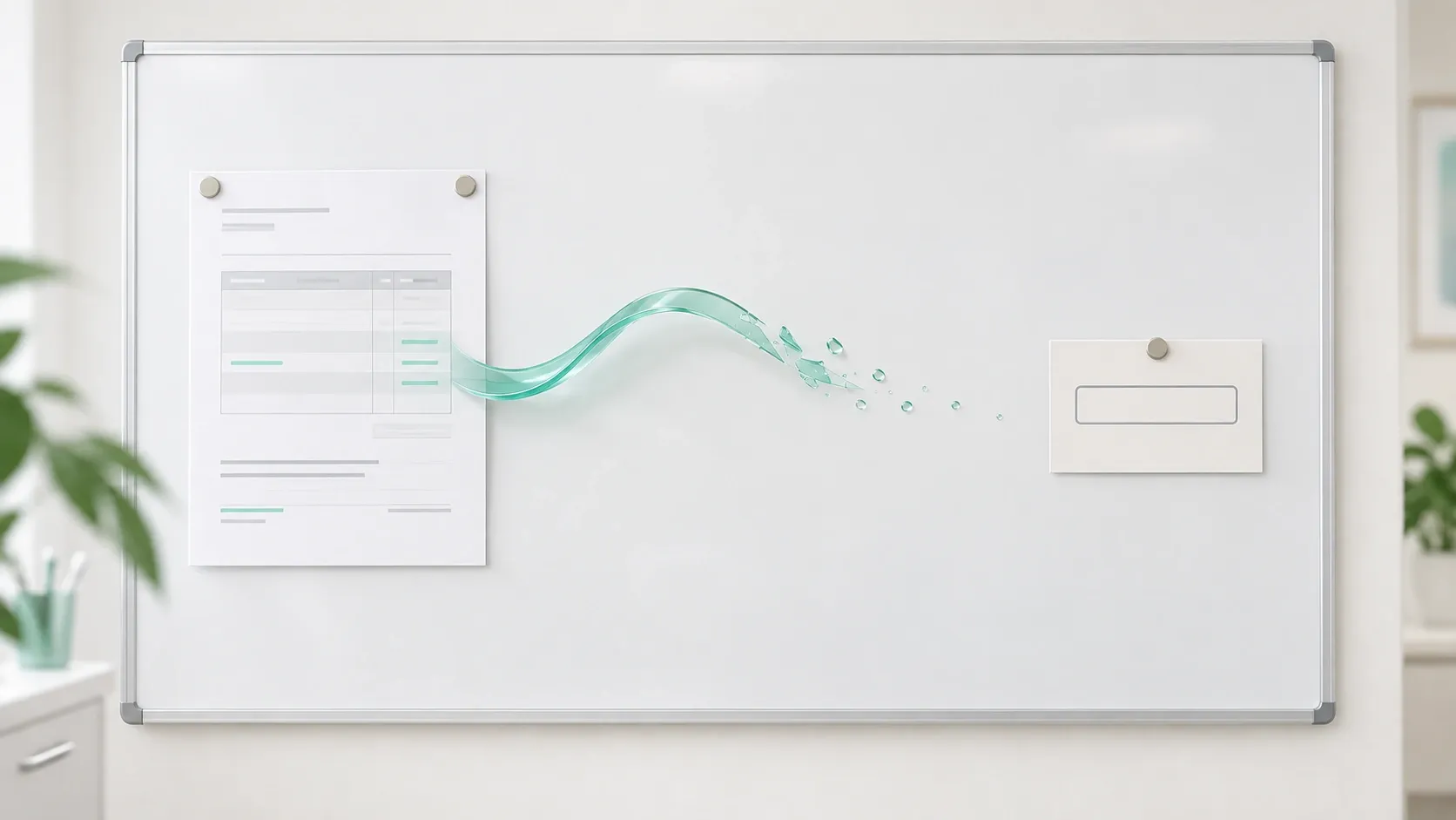 Links ein ausgedruckter Behandlungsplan an einem Whiteboard, aus dem ein türkisfarbenes Band fließt und in Tropfen zerfällt, die verblassen, bevor sie die leere Terminkarte rechts erreichen - Sinnbild für Behandlungspläne ohne Termin, also empfohlene Behandlung, die nie ins Terminbuch gelangt